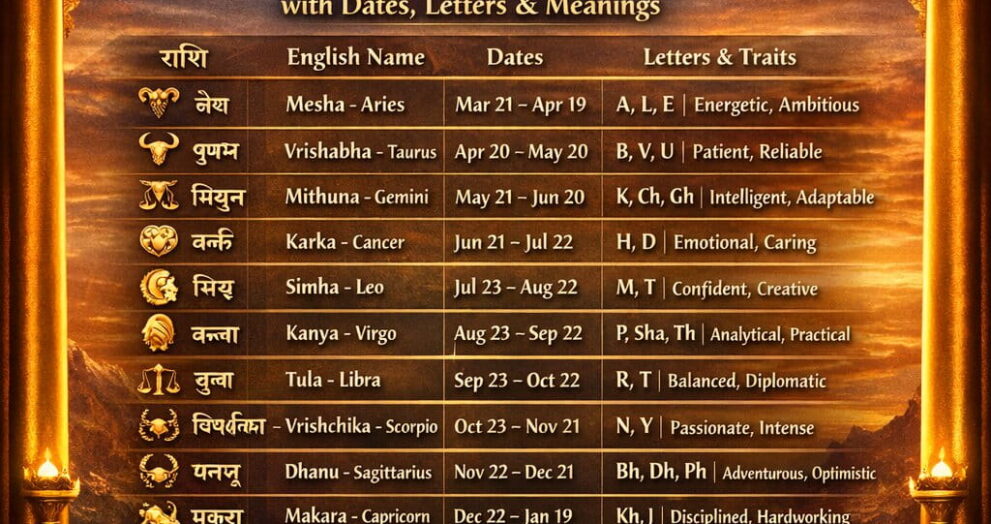 12 Rashi names and meanings in Hindi