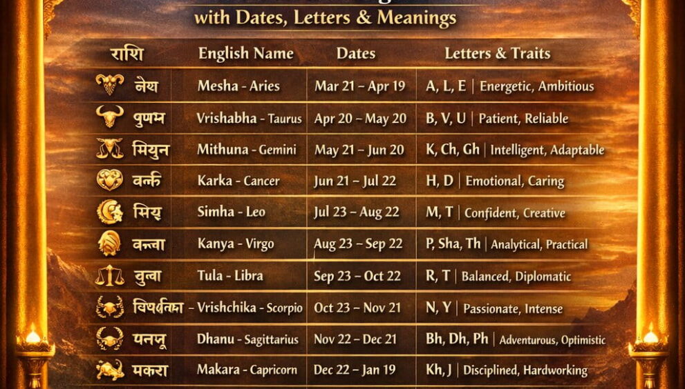 12 Rashi names and meanings in Hindi