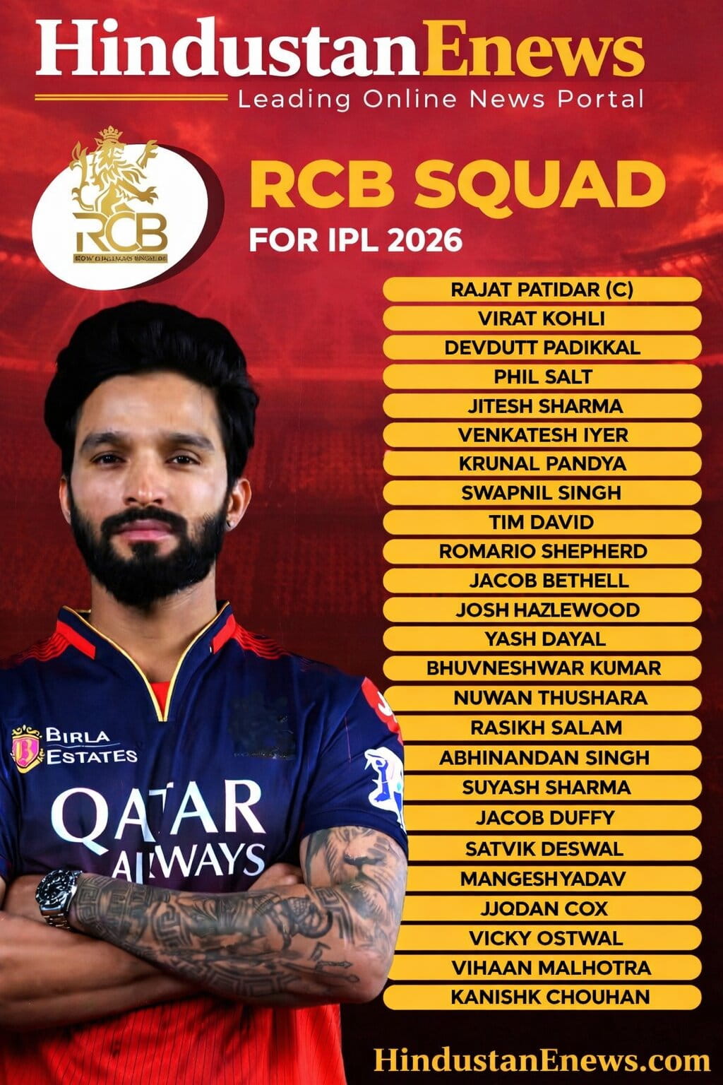 RCB squad for IPL 2026