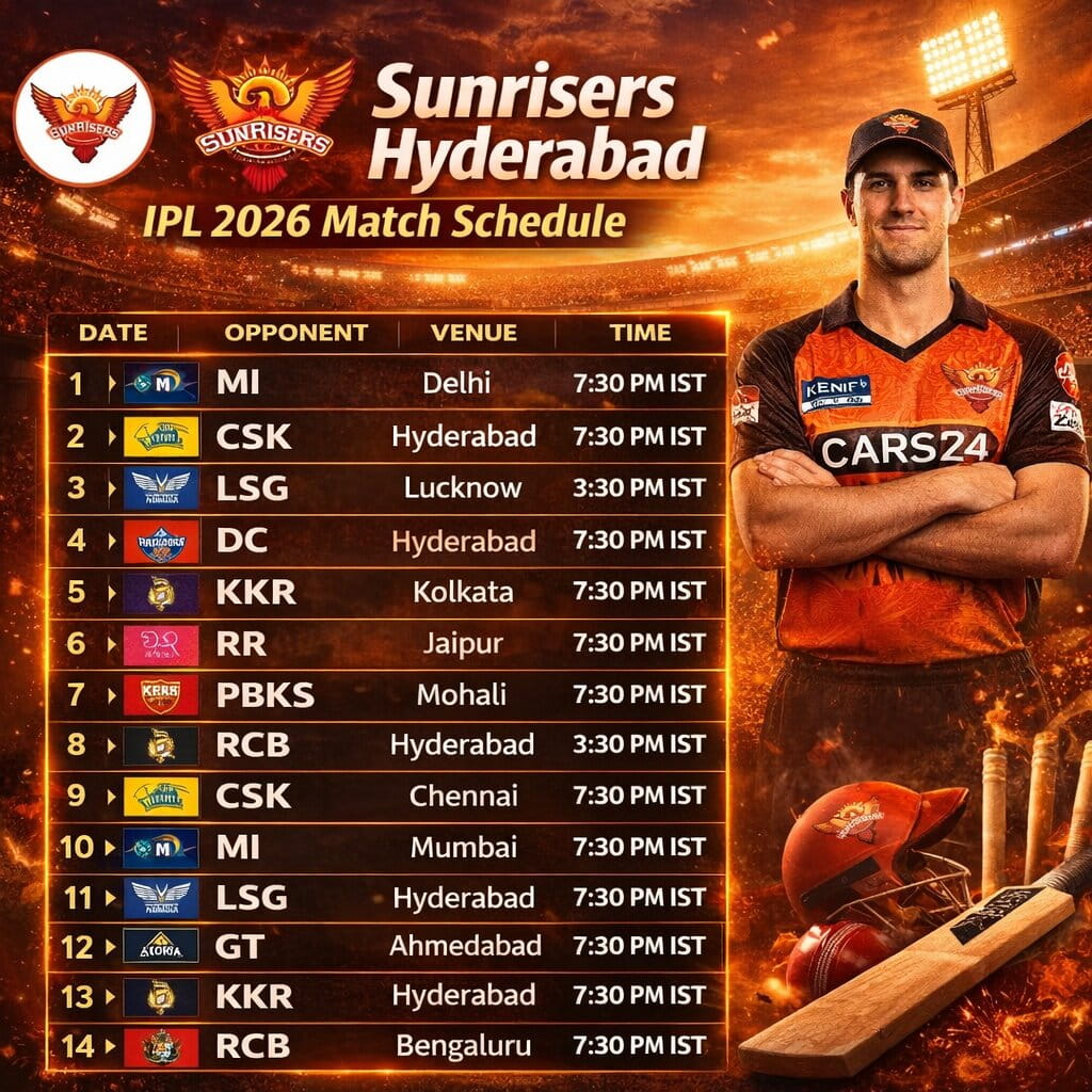 Sunrisers Hyderabad IPL 2026 schedule