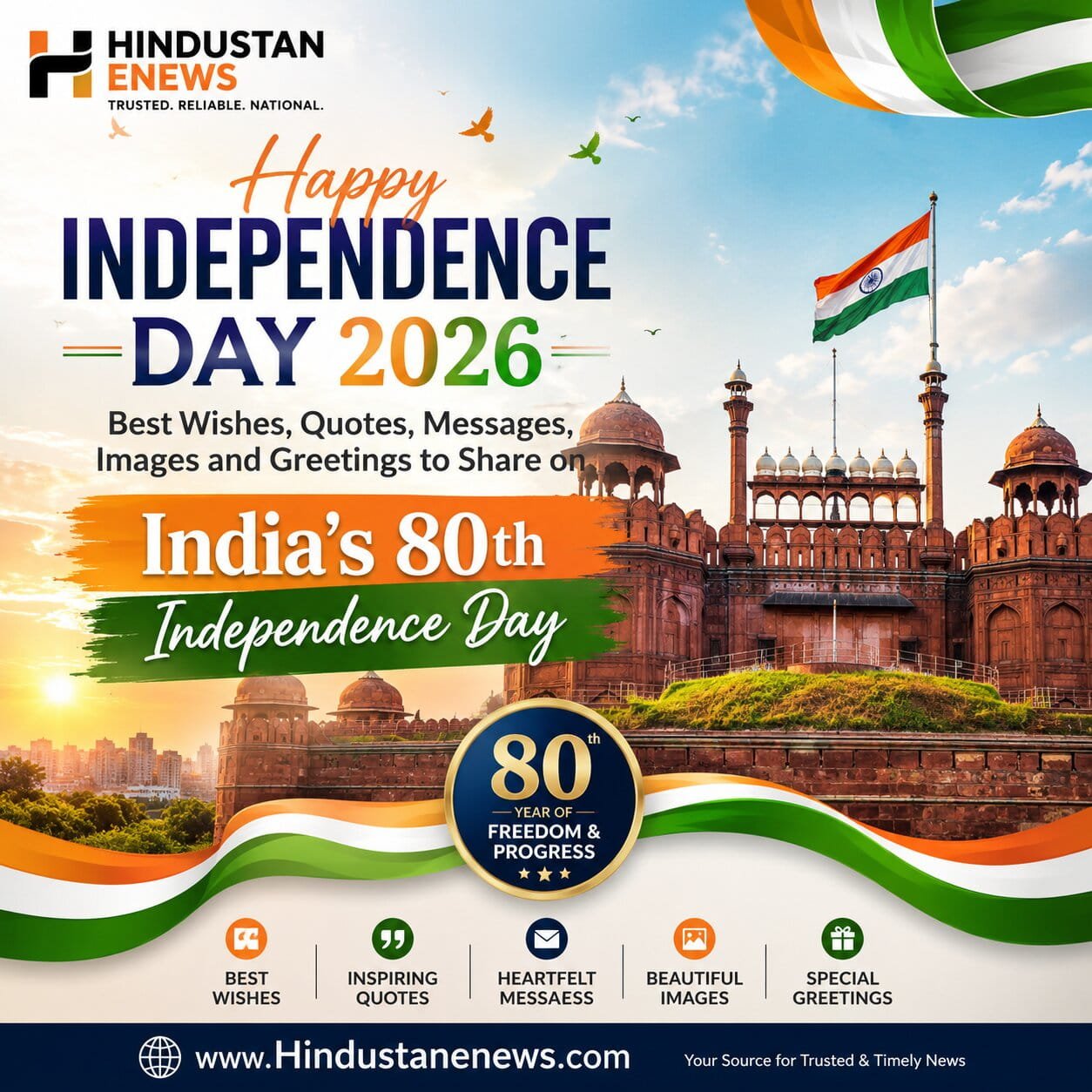 Happy Independence Day 2026 wishes and greetings for India's 80th Independence Day